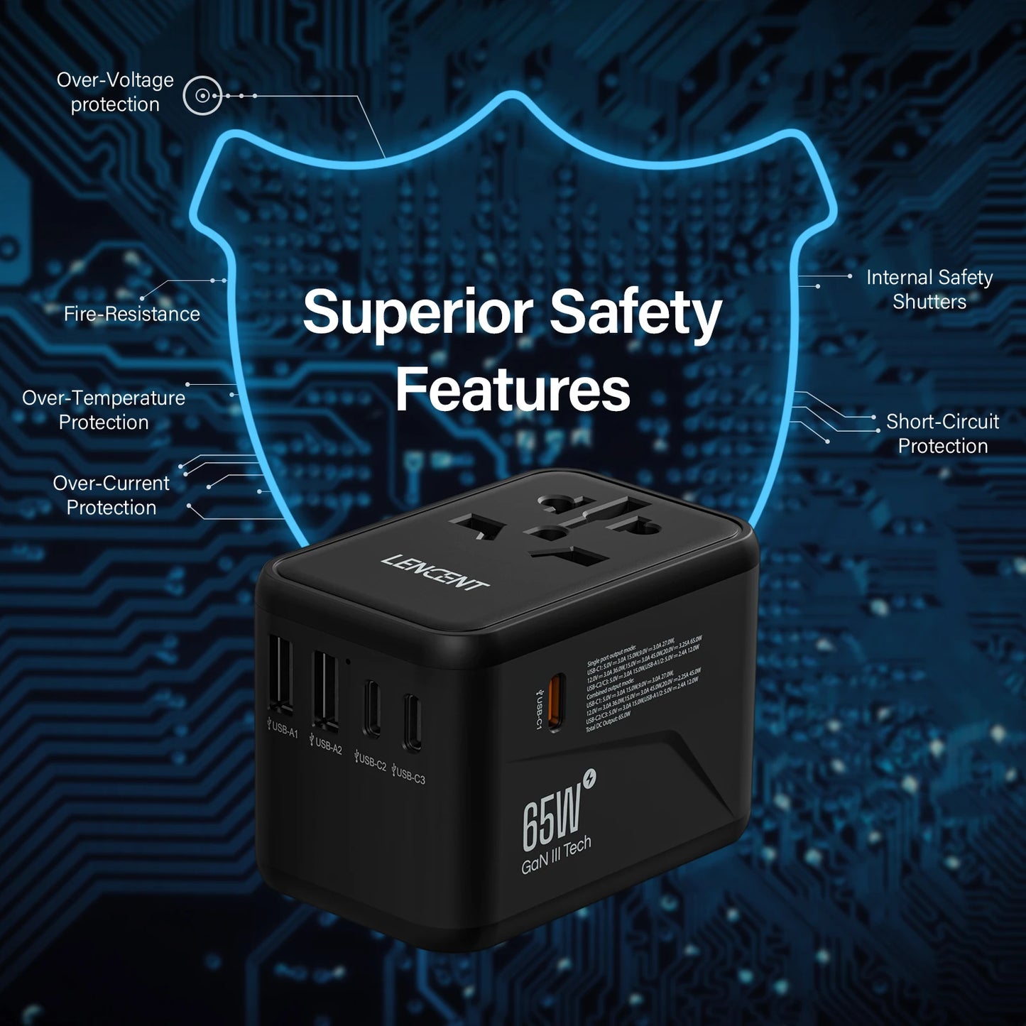 Adaptateur de voyage international GaN 65W/100W, charge rapide avec 2USB 3 Type C, prise EU AU US UK