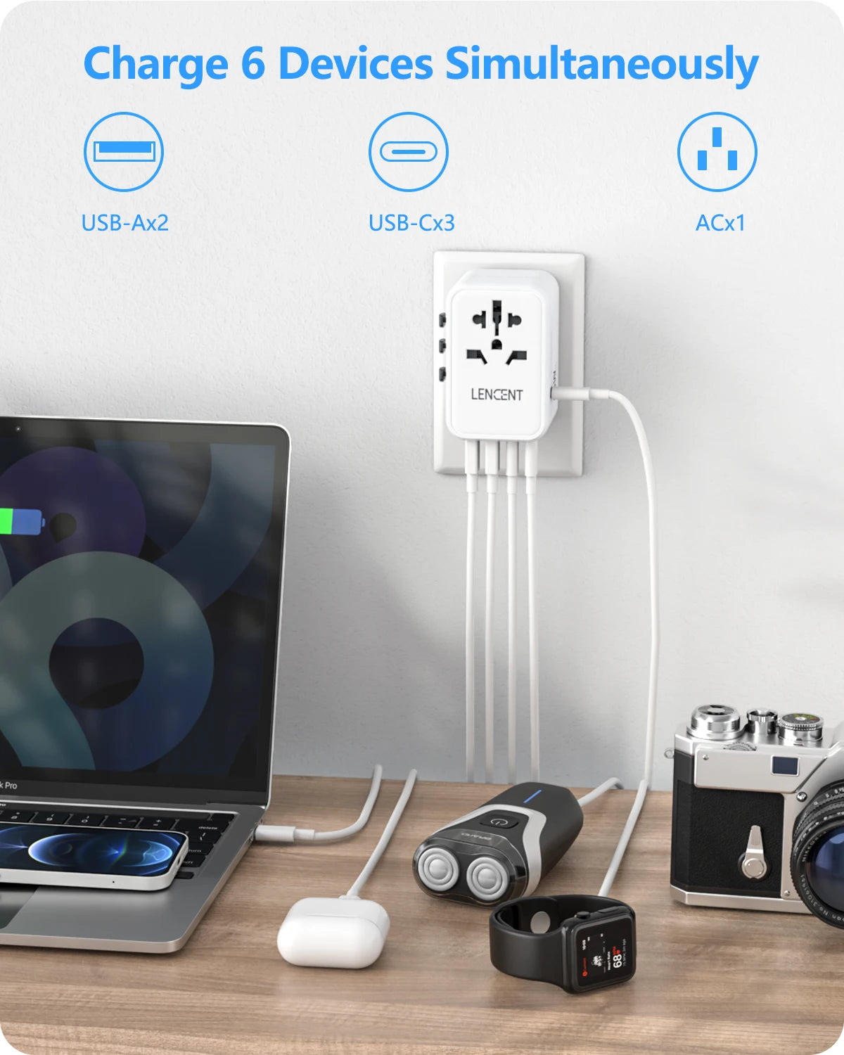 Adaptateur de voyage international GaN 65W/100W, charge rapide avec 2USB 3 Type C, prise EU AU US UK