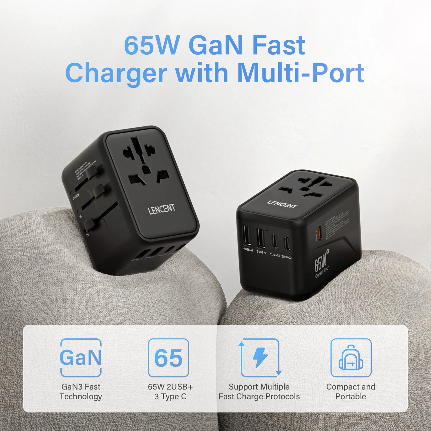 Adaptateur de voyage international GaN 65W/100W, charge rapide avec 2USB 3 Type C, prise EU AU US UK