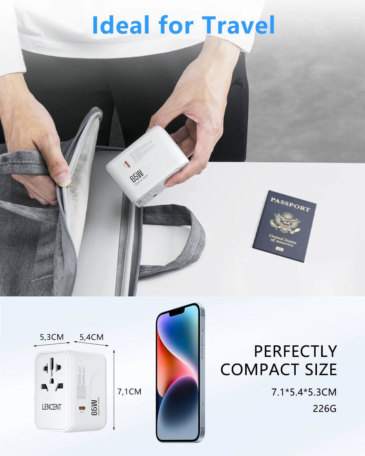 Adaptateur de voyage international GaN 65W/100W, charge rapide avec 2USB 3 Type C, prise EU AU US UK