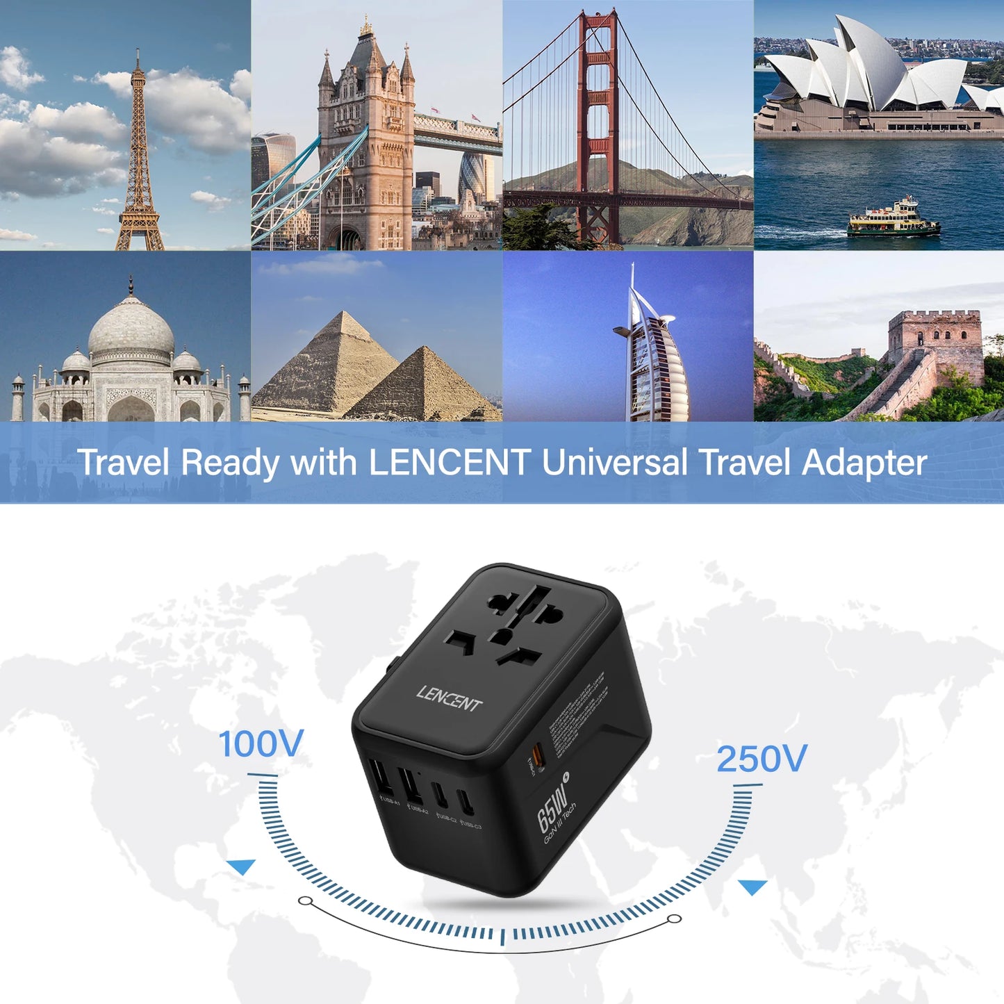 Adaptateur de voyage international GaN 65W/100W, charge rapide avec 2USB 3 Type C, prise EU AU US UK