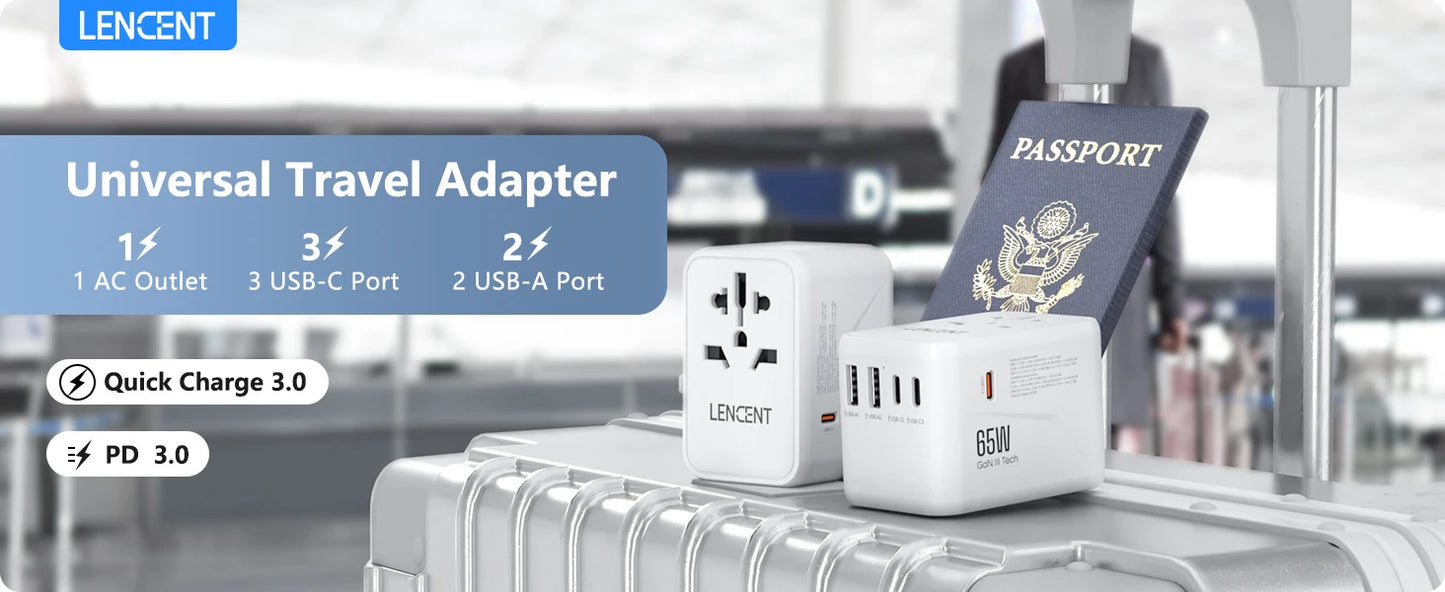Adaptateur de voyage international GaN 65W/100W, charge rapide avec 2USB 3 Type C, prise EU AU US UK