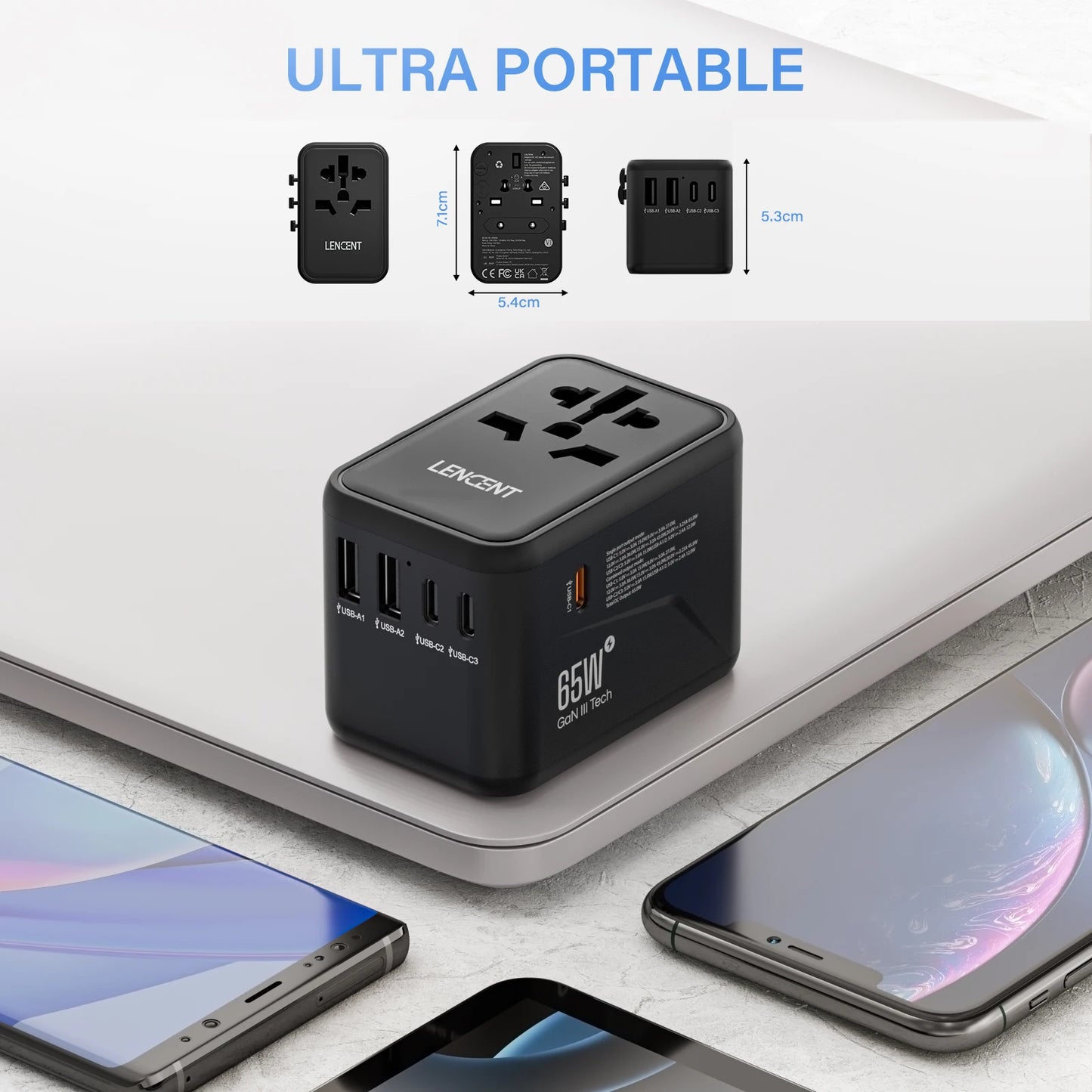 Adaptateur de voyage international GaN 65W/100W, charge rapide avec 2USB 3 Type C, prise EU AU US UK