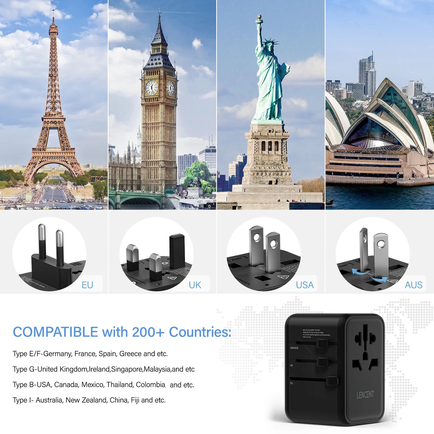 Adaptateur de voyage international GaN 65W/100W, charge rapide avec 2USB 3 Type C, prise EU AU US UK