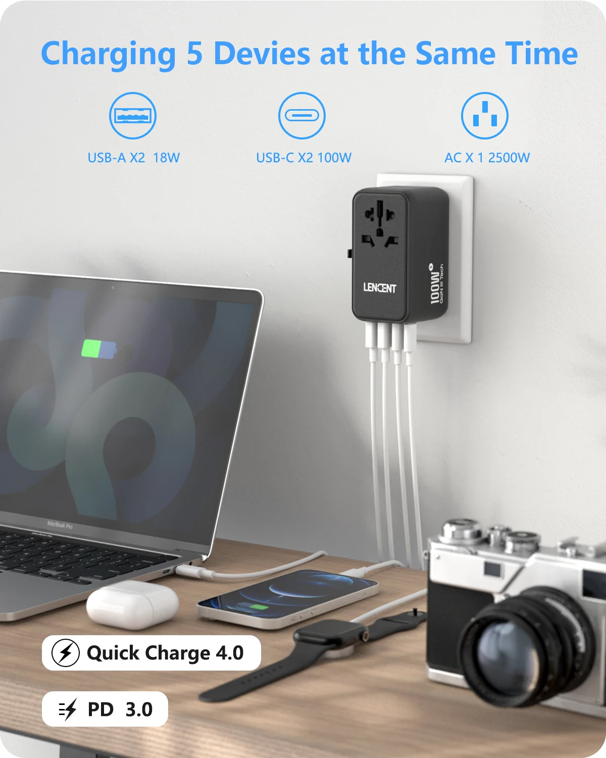 Adaptateur de voyage international GaN 65W/100W, charge rapide avec 2USB 3 Type C, prise EU AU US UK