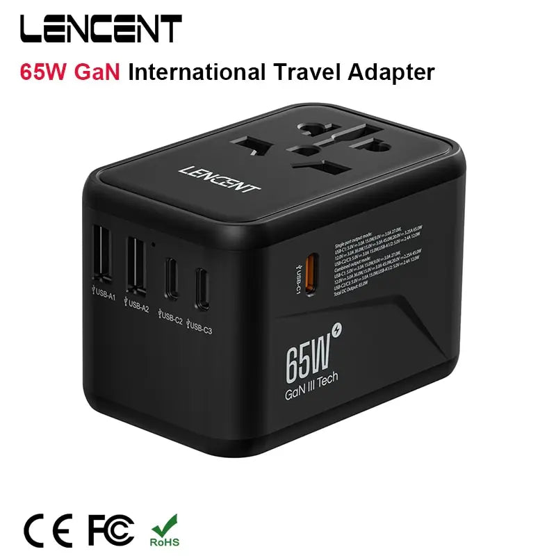 Adaptateur de voyage international GaN 65W/100W, charge rapide avec 2USB 3 Type C, prise EU AU US UK