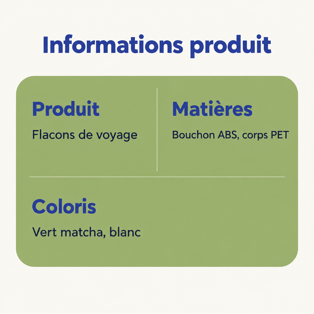 Fiche produit : flacons de voyage, bouchon ABS et corps PET, coloris vert matcha et blanc