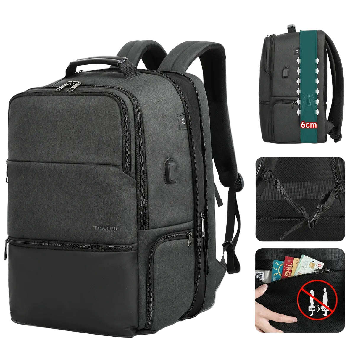ShieldPack Elite – Sac à dos extensible, anti-RFID, antivol, port USB & imperméable