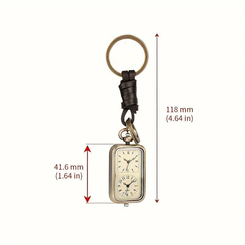 DualTime Vintage – Porte-Clés Montre de Poche Double Cadran Quartz Rétro Bronze