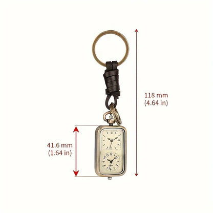 DualTime Vintage – Porte-Clés Montre de Poche Double Cadran Quartz Rétro Bronze