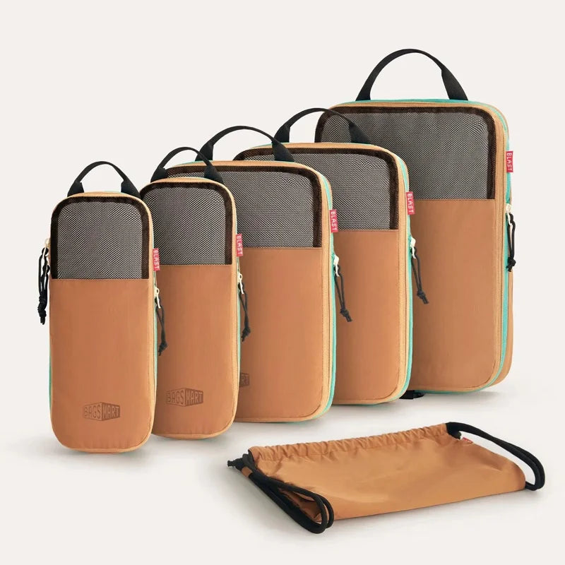 Set de 5 cubes de compression et un sac à chaussures caramel