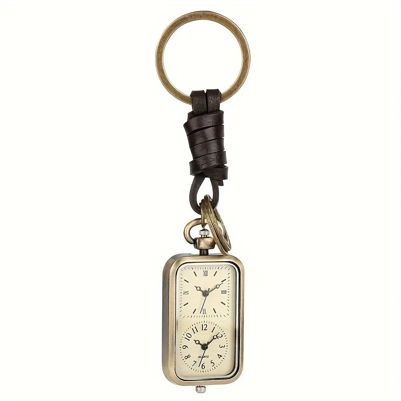 DualTime Vintage – Porte-Clés Montre de Poche Double Cadran Quartz Rétro Bronze