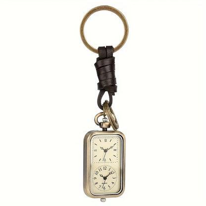 DualTime Vintage – Porte-Clés Montre de Poche Double Cadran Quartz Rétro Bronze