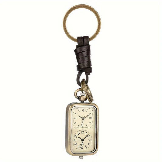 DualTime Vintage – Porte-Clés Montre de Poche Double Cadran Quartz Rétro Bronze