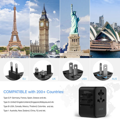 Adaptateur de voyage international GaN 65W/100W, charge rapide avec 2USB 3 Type C, prise EU AU US UK