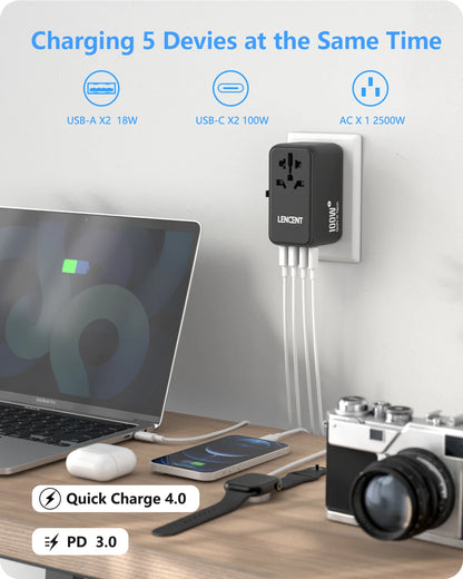 Adaptateur de voyage international GaN 65W/100W, charge rapide avec 2USB 3 Type C, prise EU AU US UK