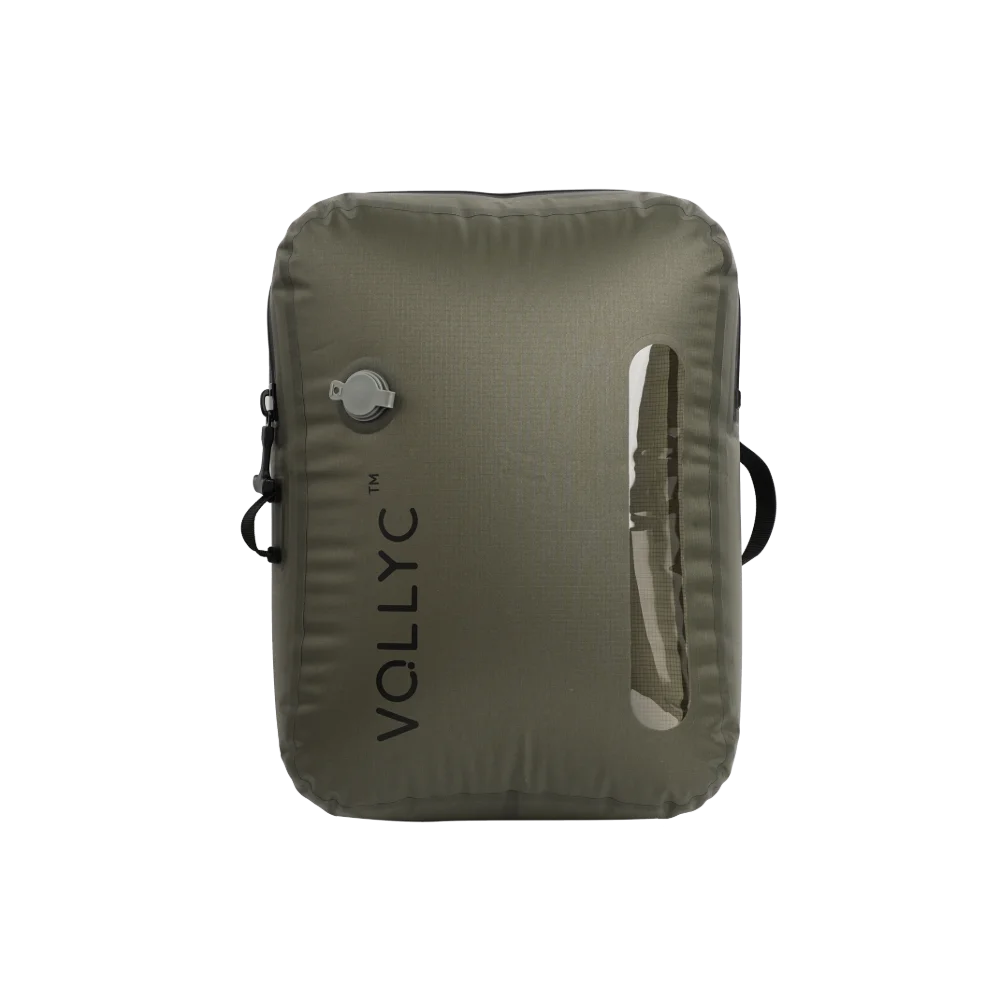 Sac de compression vert kaki 18 L avec valve et fenêtre transparente, fond transparent