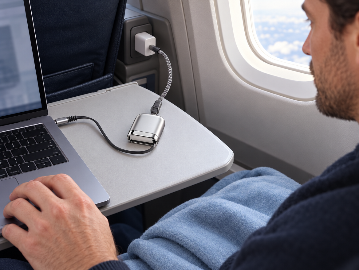 Voyageur en avion avec un ordinateur relié à un chargeur par le câble enrouleur