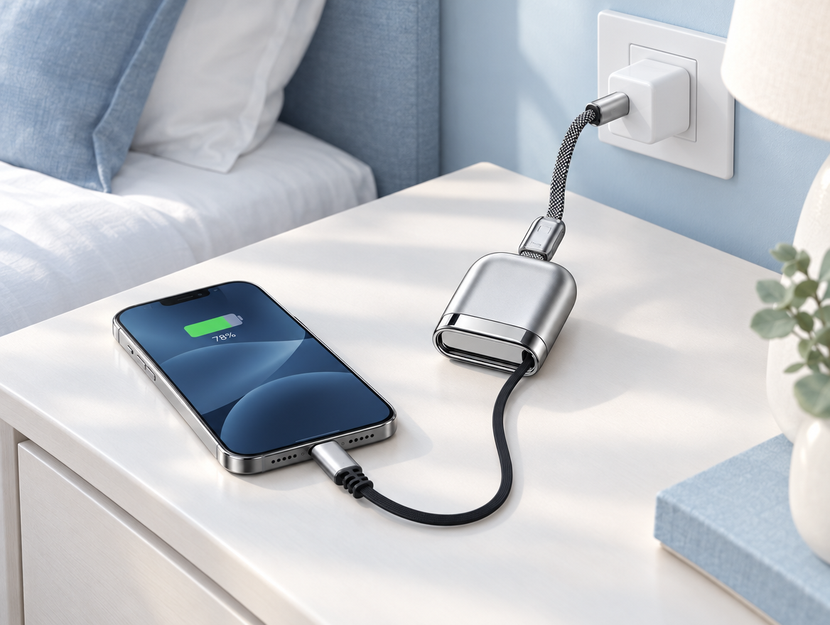Chambre d'hôtel : câble USB-C enrouleur reliant un téléphone et un chargeur mural