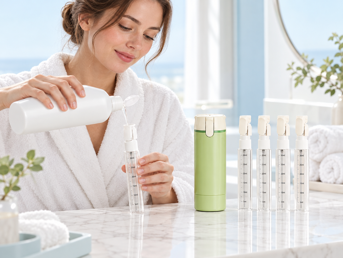 Femme versant du shampoing dans un flacon de voyage gradué dans une salle de bain claire