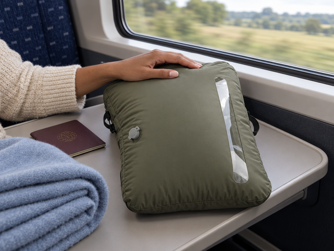 Sac de compression vert kaki posé sur la tablette d'un siège de train avec un passeport et un plaid bleu