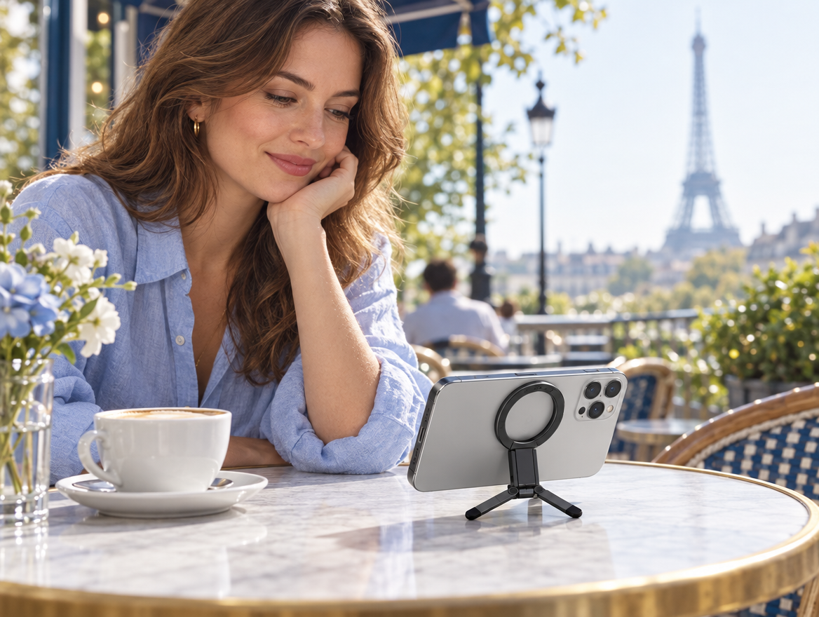 Femme à la terrasse d'un café regardant une vidéo sur un téléphone posé sur un trépied magnétique pliable