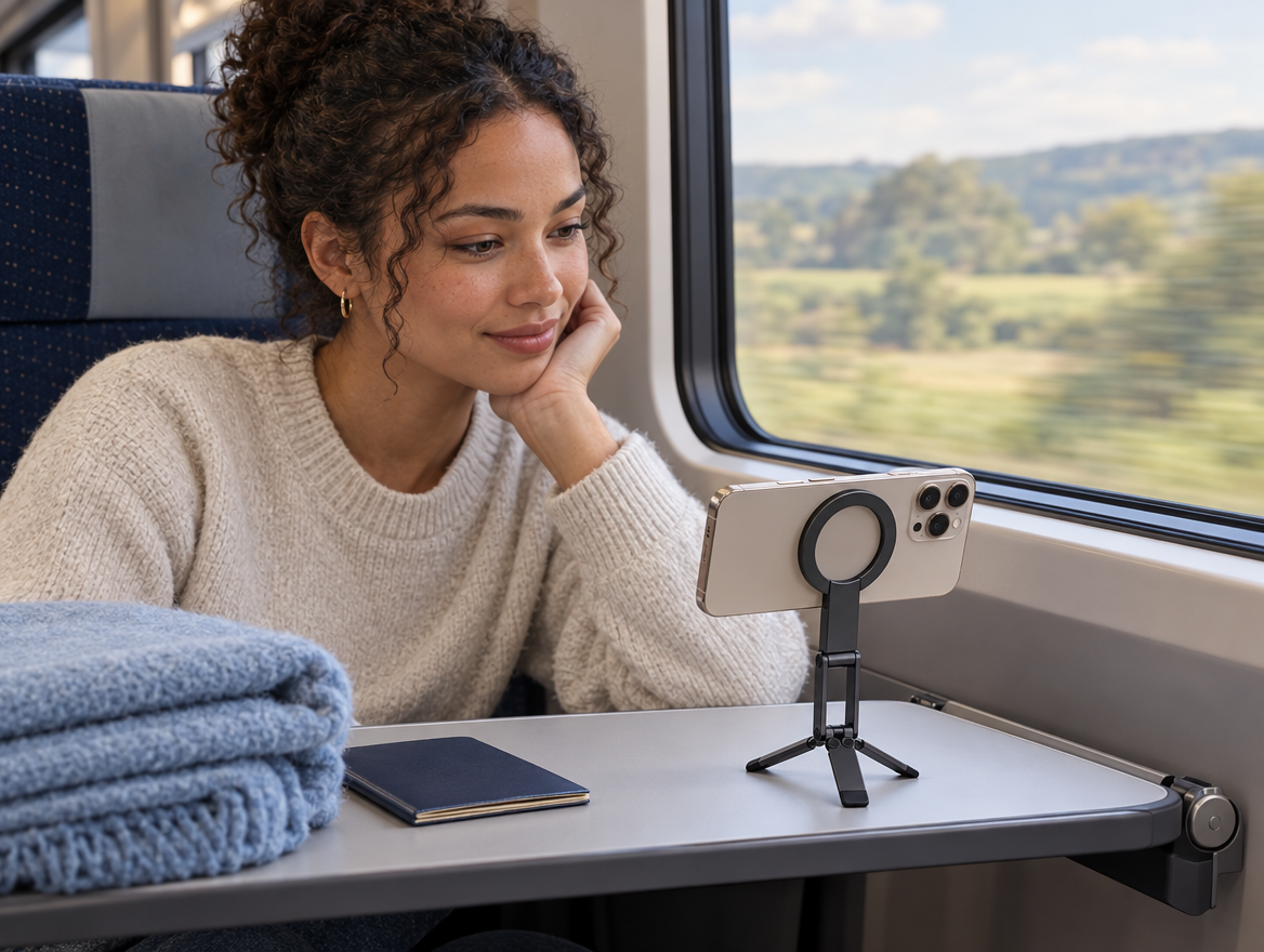 Voyageuse dans un train regardant une vidéo sur un téléphone posé sur un trépied magnétique pliable