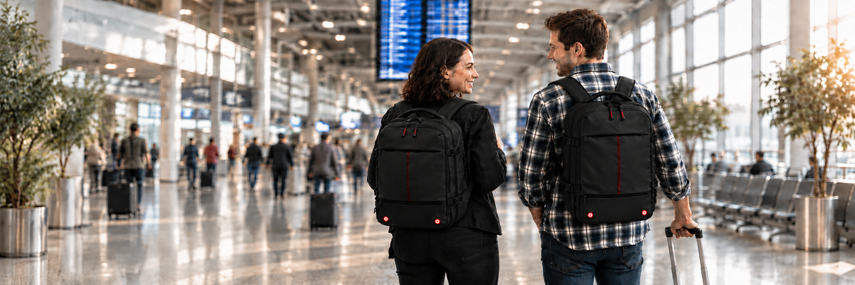 Deux voyageurs portant des sacs à dos Baglio MinimaX dans un aéroport