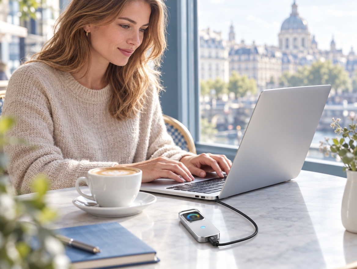 Femme travaillant dans un café avec un boîtier SSD portable branché à son ordinateur
