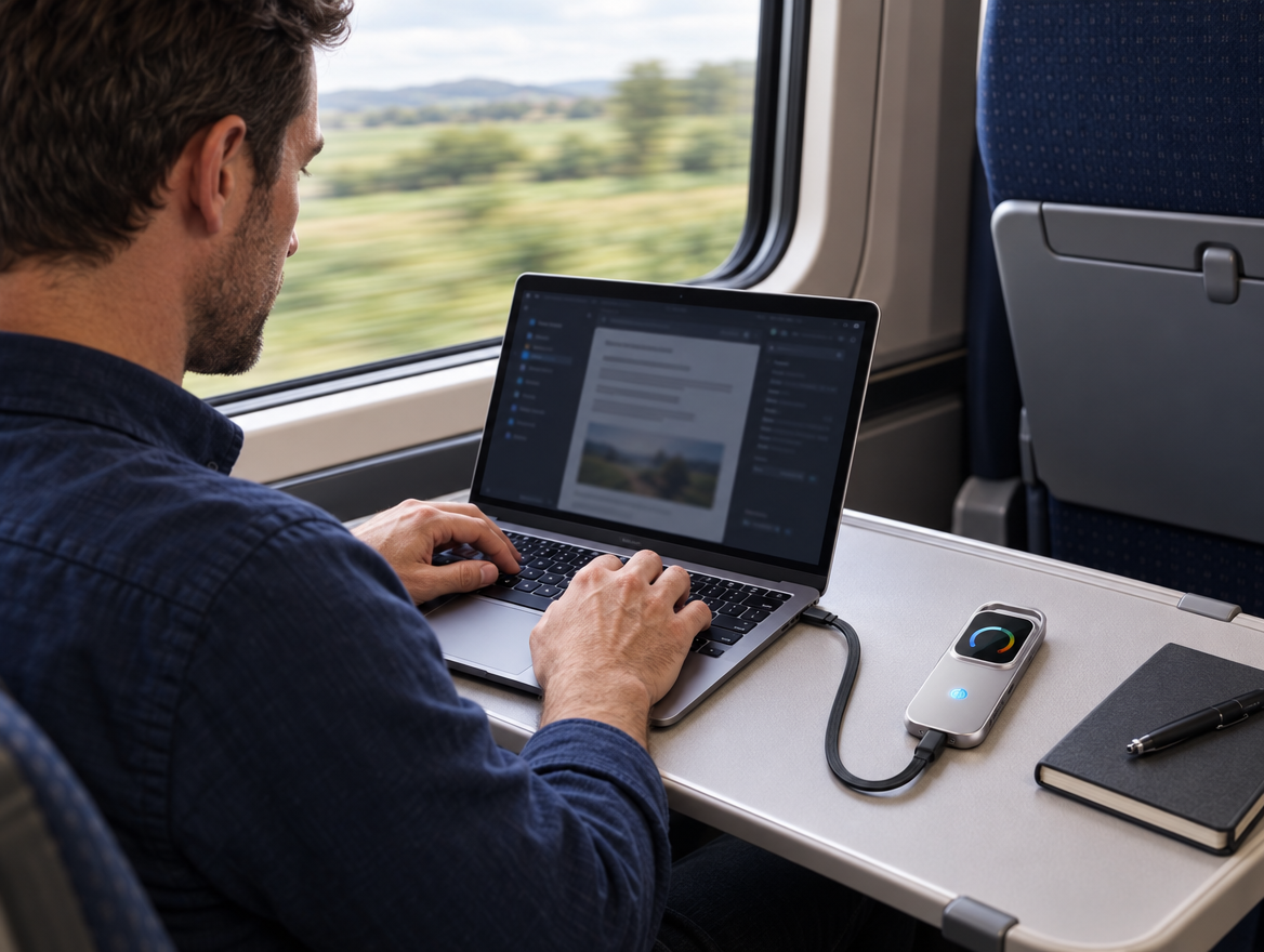 Homme travaillant dans un train avec un boîtier SSD portable branché à son ordinateur