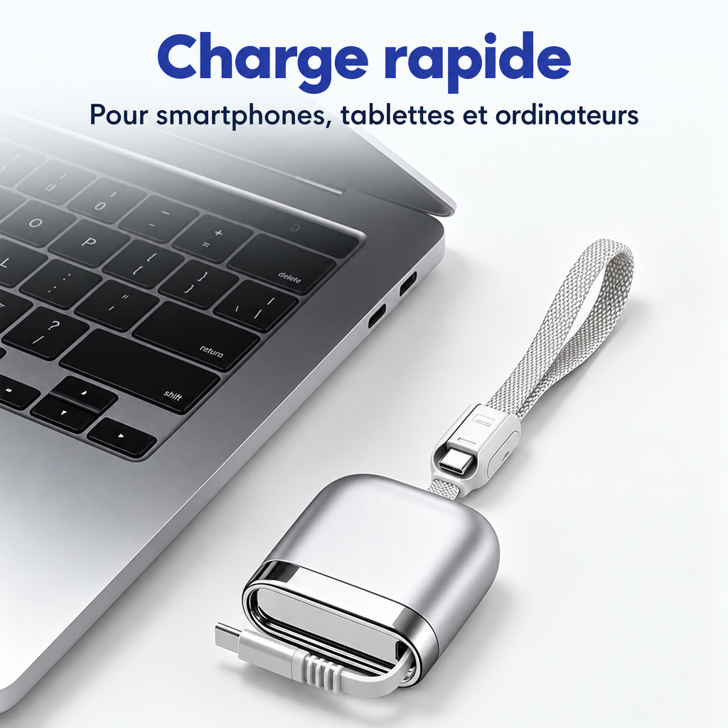 Câble USB-C rétractable posé près d'un ordinateur portable