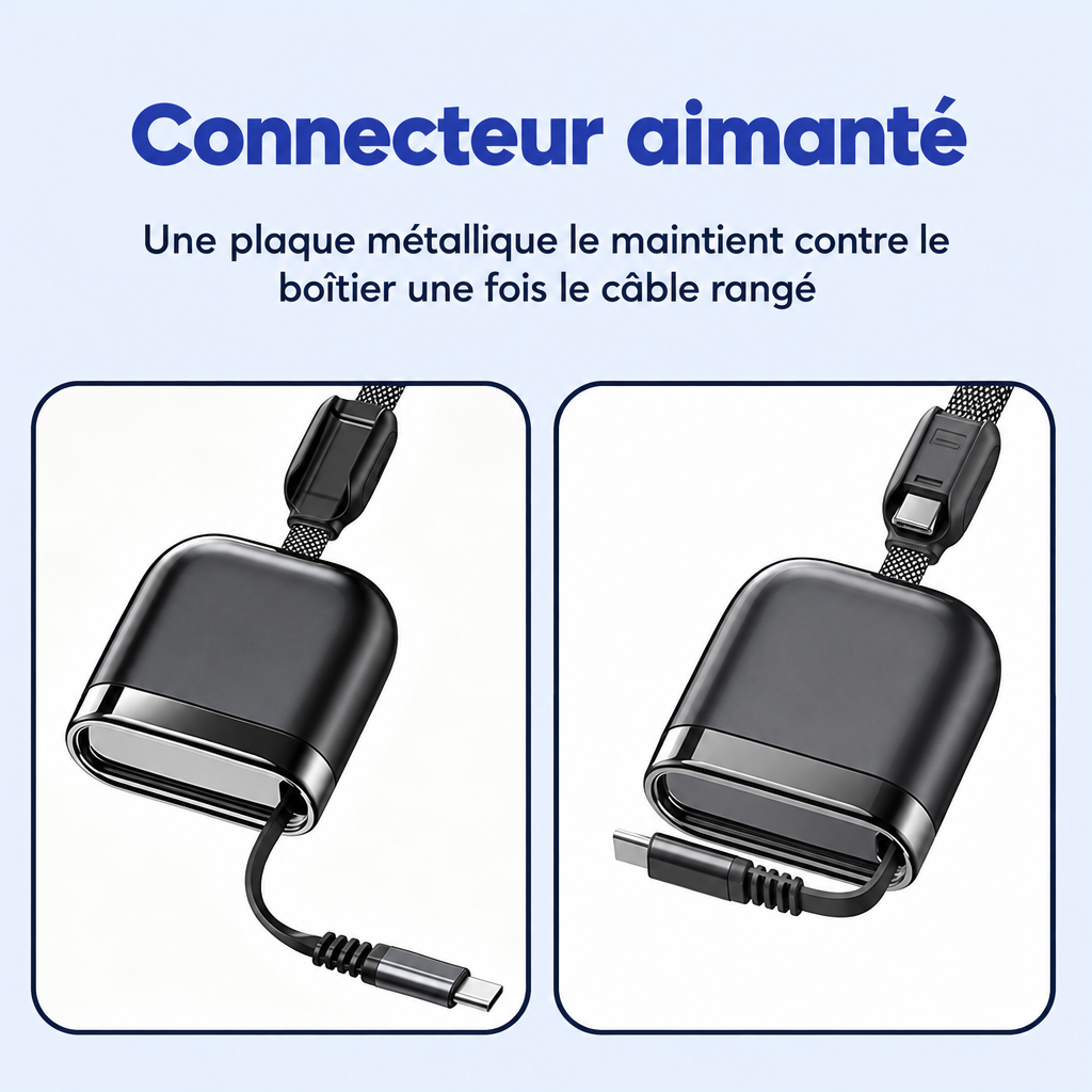 Connecteur USB-C aimanté rangé contre le boîtier du câble rétractable