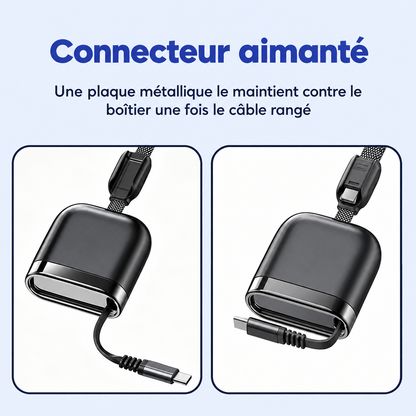 Connecteur USB-C aimanté rangé contre le boîtier du câble rétractable