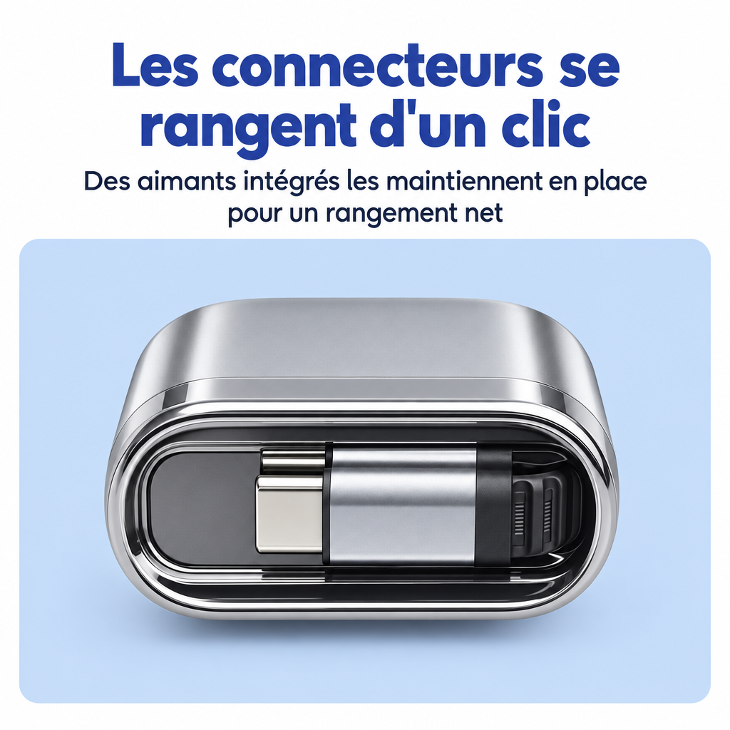 Gros plan : la fiche USB-C rangée dans la fente du boîtier, maintenue par aimant