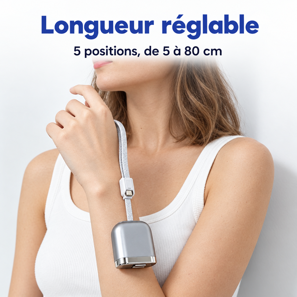 Femme portant le câble enrouleur au poignet, longueur réglable de 5 à 80 cm