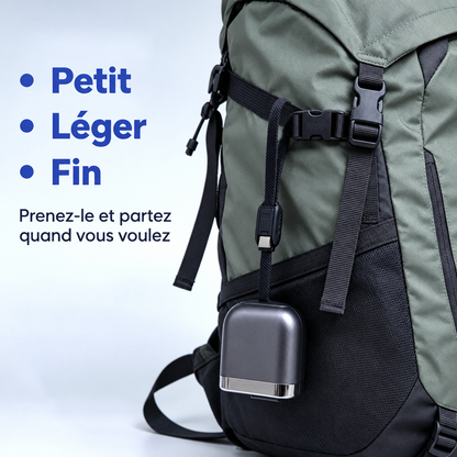 Boîtier du câble rétractable accroché à la sangle d'un sac à dos