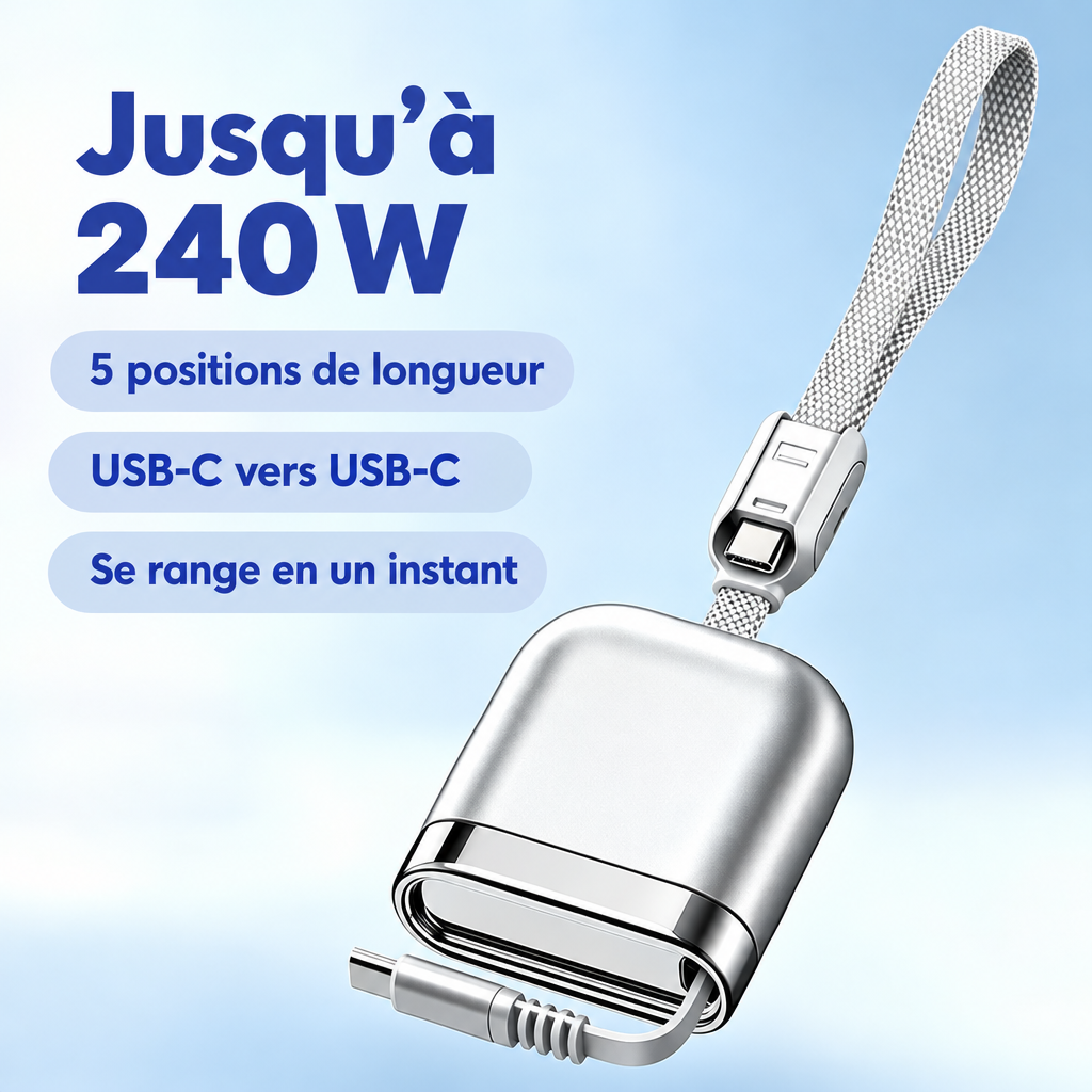 Câble USB-C enrouleur argent, jusqu'à 240 W annoncés, 5 positions de longueur