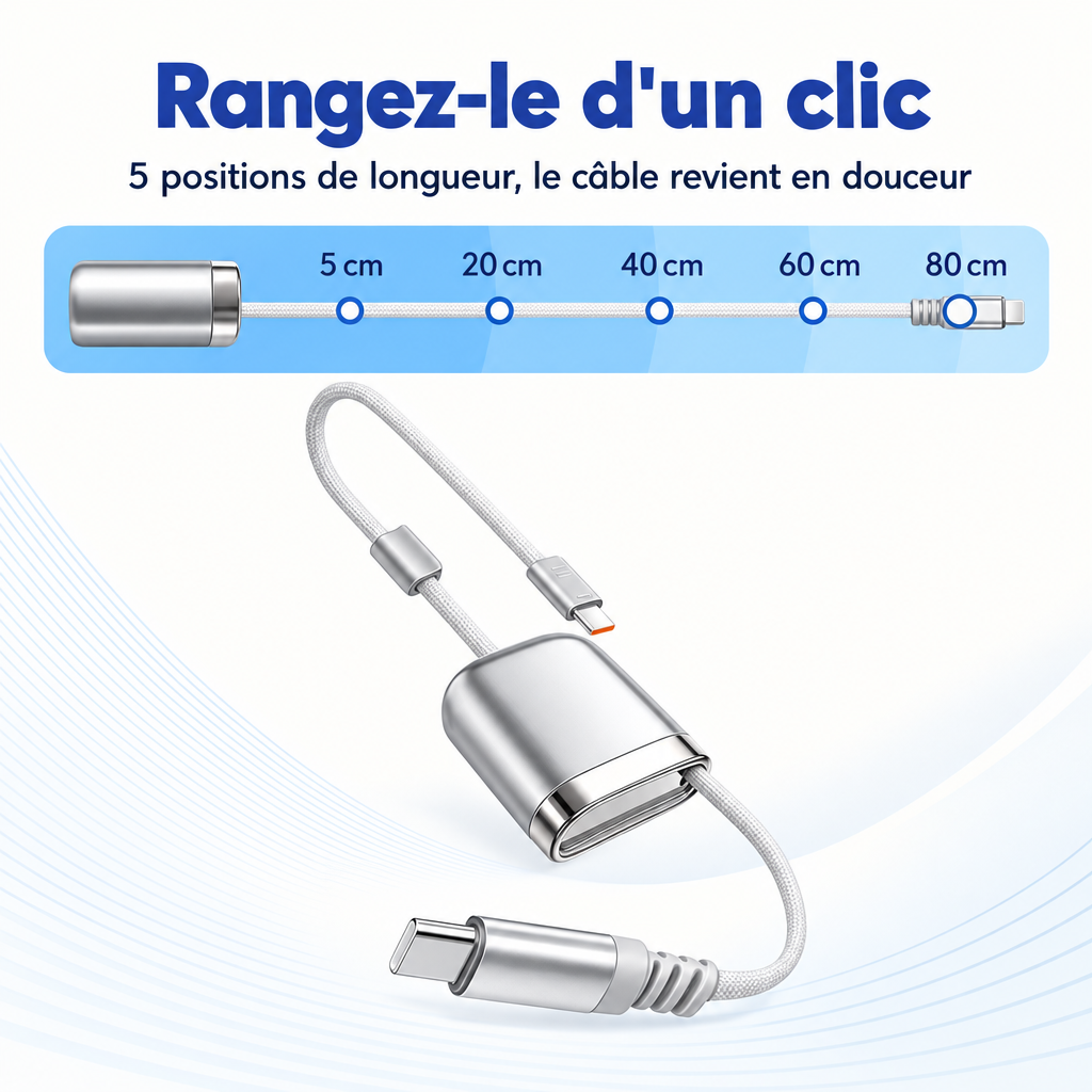 Infographie : 5 positions de longueur de 5 à 80 cm pour le câble plat