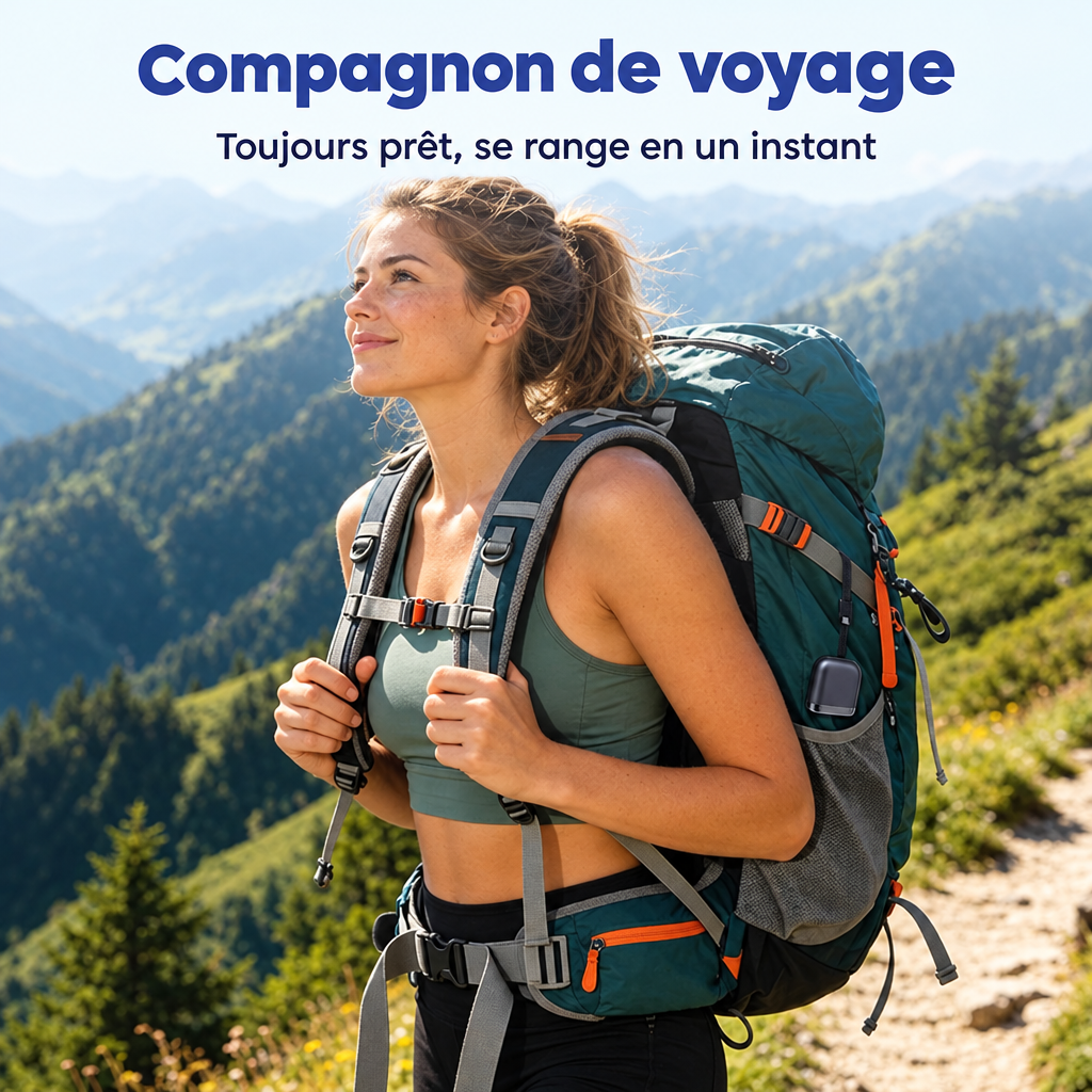 Randonneuse avec sac à dos et câble USB-C rétractable accroché à la sangle