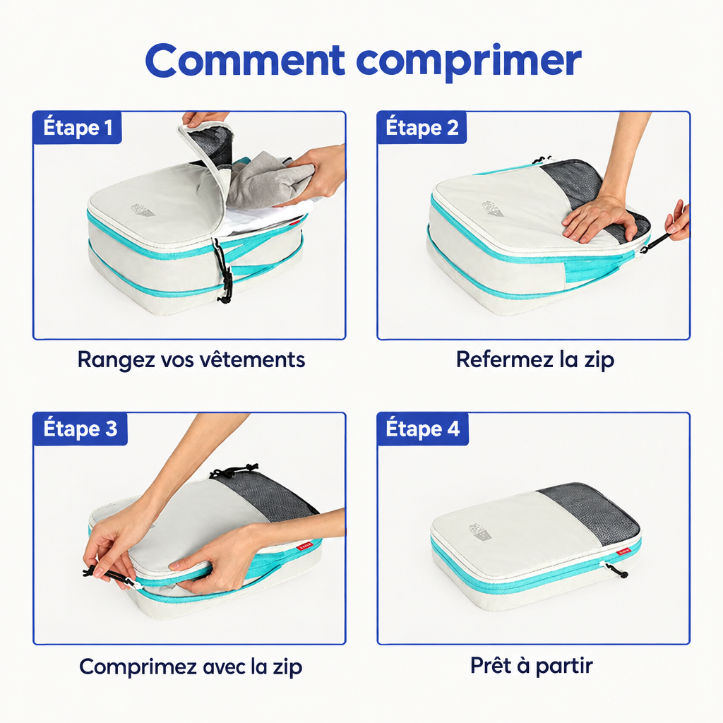 Quatre étapes pour remplir, fermer et comprimer un cube de rangement