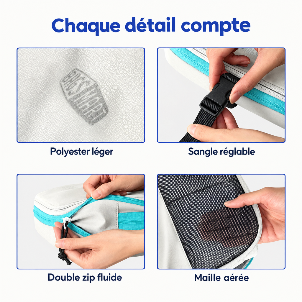 Détails du polyester, de la sangle réglable, de la double zip et de la maille aérée