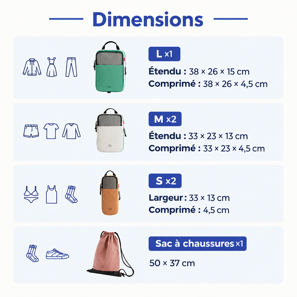 Tableau des dimensions en centimètres du set en version multicolore