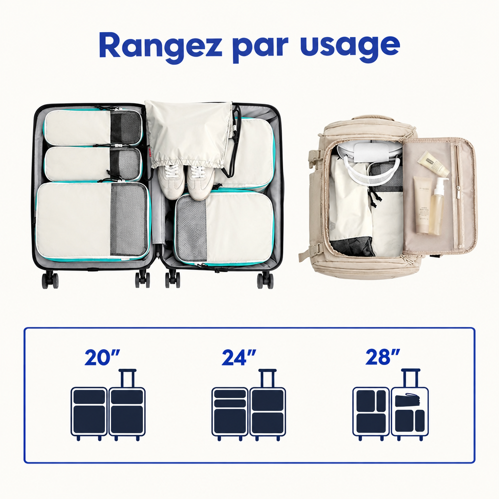 Cubes de rangement disposés dans une valise ouverte et dans un sac à dos