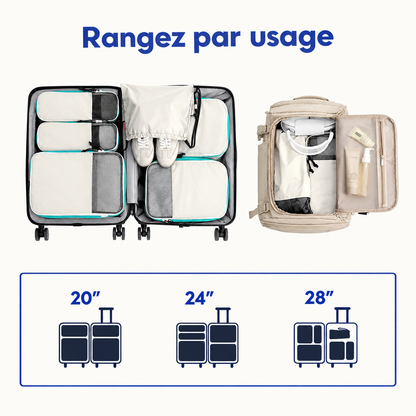 Cubes de rangement disposés dans une valise ouverte et dans un sac à dos