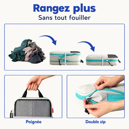 Vêtements en vrac rangés puis comprimés dans un cube, avec poignée et double zip