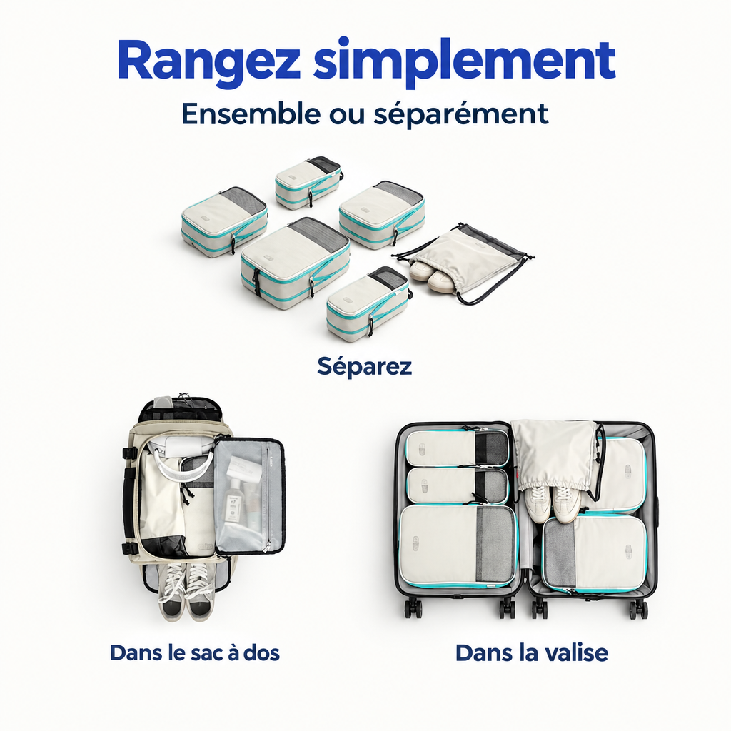 Cubes rangés séparément, dans un sac à dos ou dans une valise