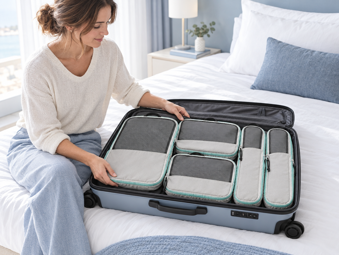 Femme rangeant des cubes de compression plats dans une valise cabine sur un lit d’hôtel