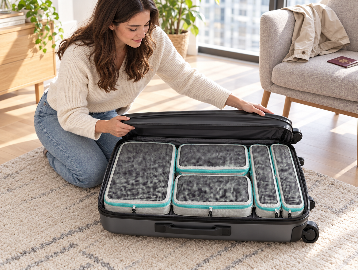 Femme fermant une valise cabine contenant cinq cubes comprimés posés à plat