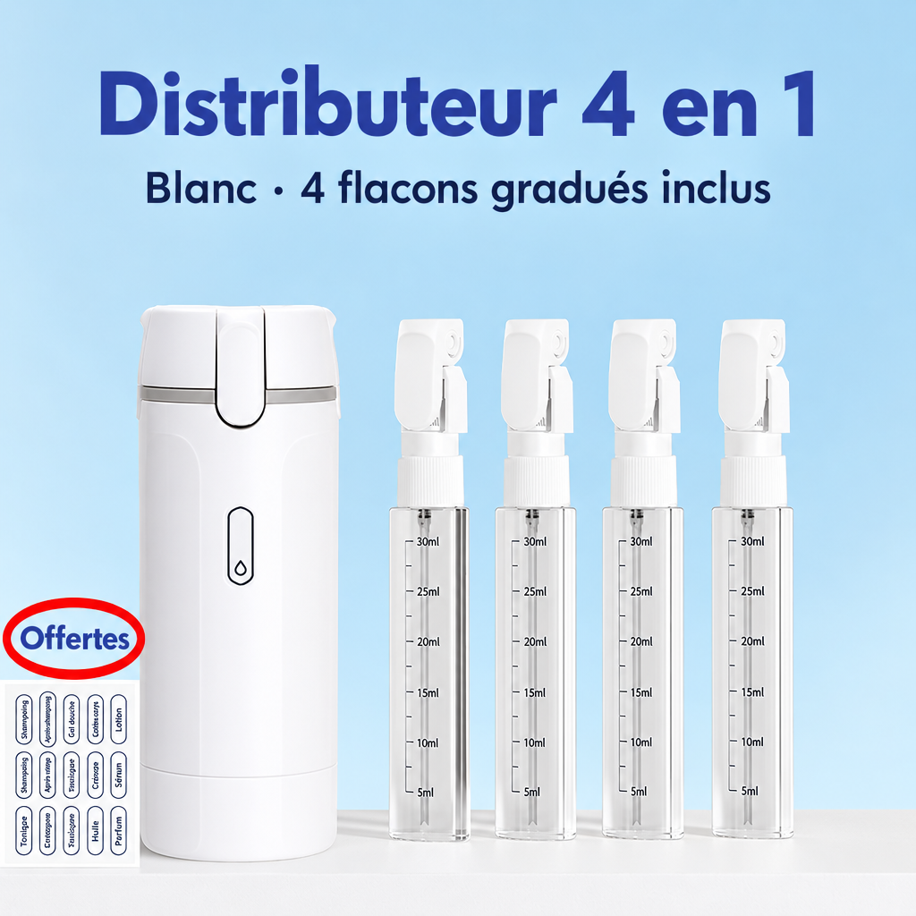 Distributeur de voyage 4 en 1 blanc avec ses quatre flacons gradués