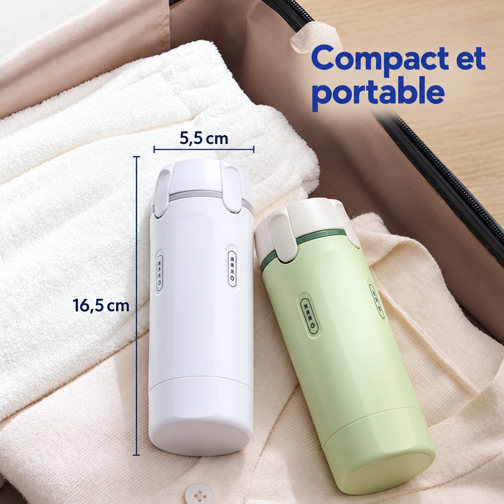 Étuis blanc et vert dans une valise avec les cotes de 16,5 cm et 5,5 cm